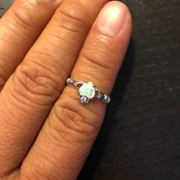 Sterling Silver 925 Claddagh Ring with Opal & CZ - Picture 5 of 6